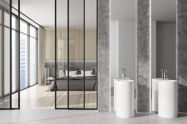Modern Studio Flat Interior Bedroom Double Sink Glass Doors Panoramic — Stock Photo, Image