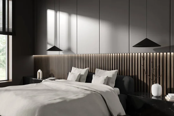 Donkere Slaapkamer Interieur Met Bed Art Decoratie Marmeren Nachtkastje Zijaanzicht — Stockfoto