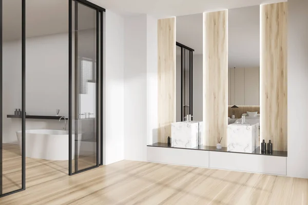 Białe Studio Wnętrze Wanną Szklanymi Drzwiami Widok Boku Podwójne Umywalka — Zdjęcie stockowe