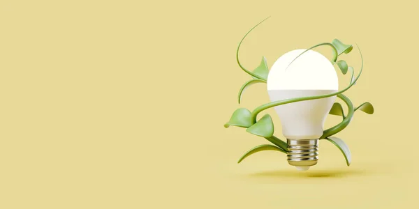 植物に包まれた電球は 光の背景 緑のエネルギーと資源に残します 代替源の概念 コピースペース 3Dレンダリング — ストック写真