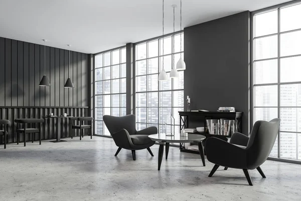 Interior Elegante Café Escuro Com Poltronas Mesa Café Área Jantar — Fotografia de Stock