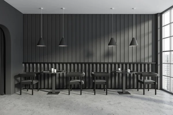Vooraanzicht Moderne Donkere Cafe Interieur Met Grijze Muren Panoramisch Raam — Stockfoto