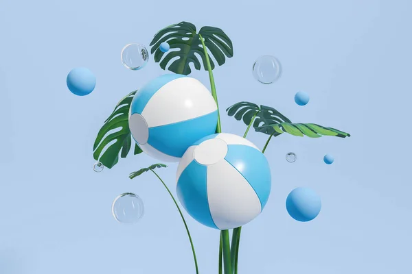 Two Inflatable Beach Balls Green Monstera Leaves Water Bubbles Floating — Stock Photo, Image