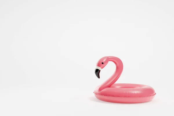 Uppblåsbar Flamingo Gummiring Pool Sommar Tillbehör Vit Tom Bakgrund Begreppet — Stockfoto