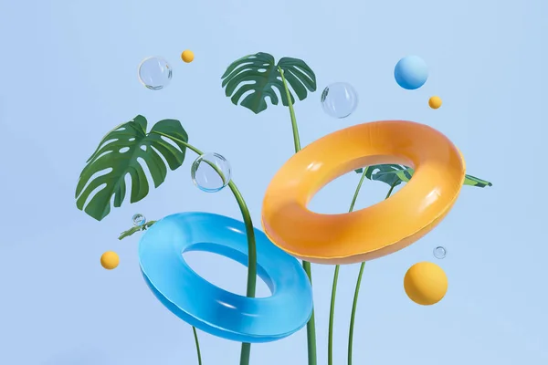 2つのカラフルなインフレータブルリングと緑のモンスターは 水の泡 ライトブルーの背景を残します 旅行や熱帯の概念 3Dレンダリング — ストック写真