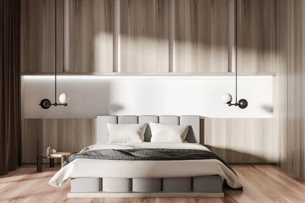 Wooden bedroom interior with bed and minimalist decoration on nightstand, hardwood floor. Hotel sleeping corner with lamps. 3D rendering