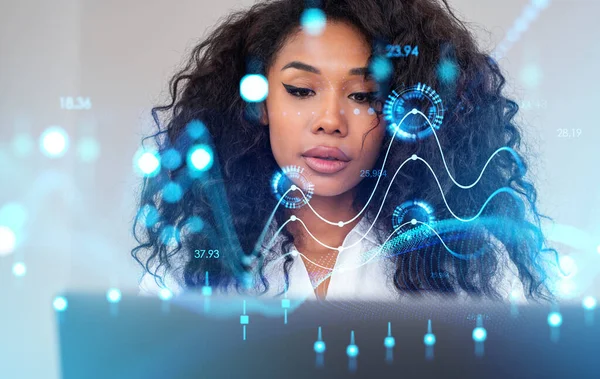 Black Businesswoman Using Laptop Double Exposure Digital Forex Diagrams Candlesticks — Stock Photo, Image