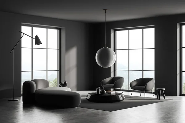 Ruang Rapat Gelap Interior Dengan Sofa Dua Kursi Dan Meja — Stok Foto