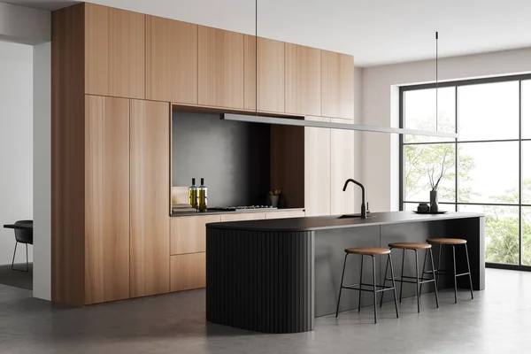 Stilvolle Kücheneinrichtung Mit Barinsel Und Hocker Seitenansicht Auf Grauem Betonboden — Stockfoto