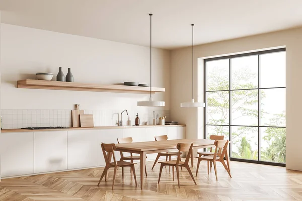 米色厨房内部有椅子和餐桌 侧视图 硬木地板 甲板上有厨房用具 架子上有装饰 热带地区的全景窗口 3D渲染 — 图库照片