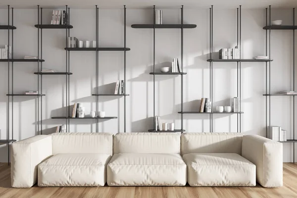 Blanco Relajante Interior Habitación Con Lugar Suave Suelo Madera Zona —  Fotos de Stock