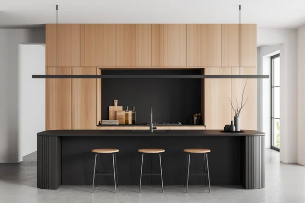 Witte Keuken Interieur Met Bareiland Kruk Grijze Betonnen Vloer Kookzone — Stockfoto