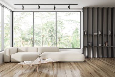 Beyaz toplantı odasının içinde kanepe ve ahşap zeminde kahve masası var. Süslü raflar ve tropik bölgelerde panoramik pencereler. 3B görüntüleme