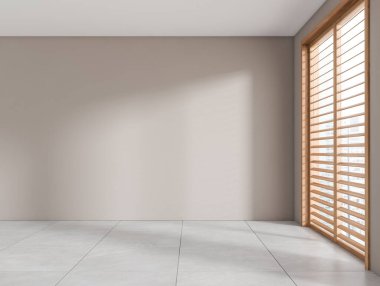 Şehir manzaralı jaluzili panoramik pencereli bej boş dinlenme odası, açık beton döşeme. Model boş duvar. 3B görüntüleme