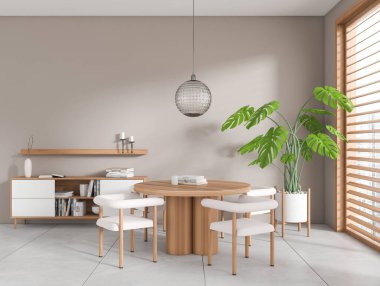 Bej oturma odası, yemek masası ve sandalyeler, açık fayanslı dekorasyonlu büfe. Şehir manzaralı bir panoramik pencere. 3B görüntüleme