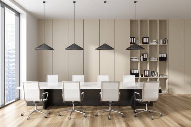 Tahta, koltuk, ahşap döşemeli bej konferans odası. Ofis belgeleri, klasörler, gökdelenlerin panoramik pencereleri. 3B görüntüleme