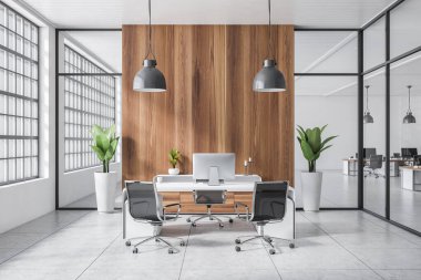 Masasında bilgisayar, beton döşemede koltuklar olan beyaz ofis odası. Minimalist dekorasyonlu bir tabela. Panoramik pencere ve ortak çalışma alanı. 3B görüntüleme