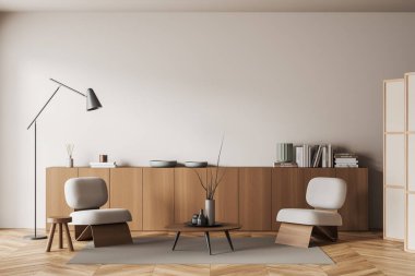 İçinde iki koltuk, kahve masası ve ahşap zeminde süsleme, lamba ve bölme olan bej bir oturma odası. Model Kopyalama Boşluk Duvarı, 3B oluşturma