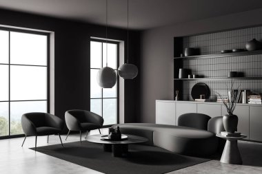 İçinde kanepe, koltuk, yan görüş, sehpa ve dekorasyonlu çekmece, gri beton zeminde halı olan koyu renk bir oturma odası. Kırsal kesimde panoramik pencere. 3B görüntüleme