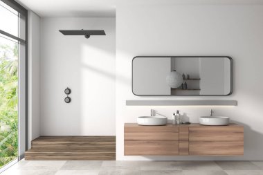 Duşlu, çift lavabolu, bej döşemeli beyaz banyo. Minimalist banyo aksesuarları şifoniyerde. Tropik bölgelerde panoramik pencere. 3B görüntüleme