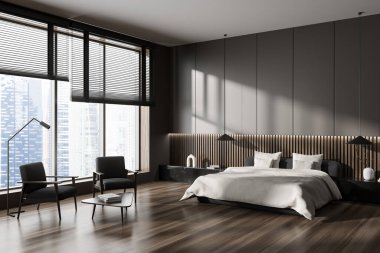 İki koltuk ve yatak odası, dekoratif mermer komodinli, yan manzaralı. Singapur gökdelenlerinin panoramik penceresi. 3B görüntüleme