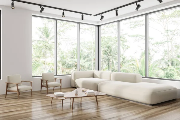 ソファと2つのアームチェア サイドビュー 装飾が施されたコーヒーテーブル付きの白いリビングルームのインテリア 熱帯のパノラマ窓付きのモダンな会議コーナー 3Dレンダリング — ストック写真