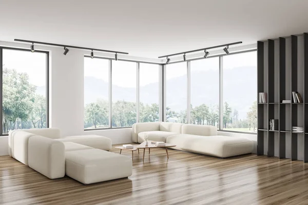 Interior Sala Estar Branca Com Dois Sofás Mesa Café Chão — Fotografia de Stock