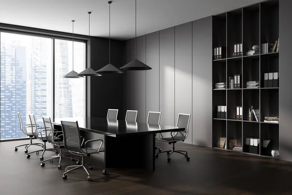 Dark office room interior with board and armchairs, side view. Shelf with documents and folders, panoramic window on Singapore. 3D rendering