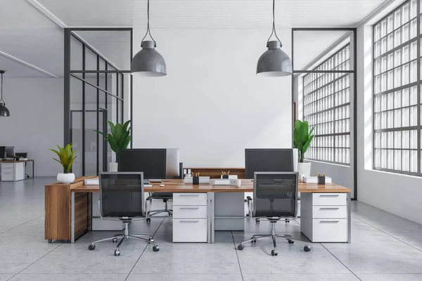White coworking interior with armchairs and pc computer on desk, light tile concrete floor. Business work zone with panoramic window. Mockup empty wall. 3D rendering