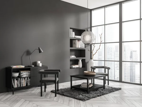Dark living room interior with two armchairs, side view, sideboard and shelf with decoration, grey hardwood floor. Panoramic window on skyscrapers. Mockup empty wall. 3D rendering