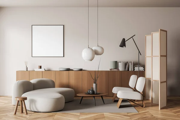 米色客厅内部有沙发和两张扶手椅 咖啡桌和有隔板的架子 硬木地板上的地毯 模仿正方形帆布海报 3D渲染 — 图库照片