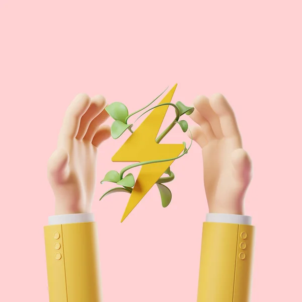 漫画の手のエネルギーのシンボルを保持 フラッシュ雷ピンクの背景に植物の茎に包まれた 環境エネルギーと電気の概念 3Dレンダリング — ストック写真