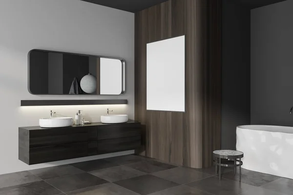 Dark Hotel Bathroom Interior Double Sink Bathtub Corner Accessories Tile — Stock Photo, Image