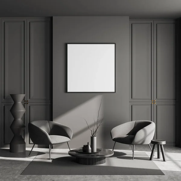 黑暗的客厅内两个扶手椅和咖啡桌与简约装饰地毯 灰色混凝土地板 模仿帆布海报 3D渲染 — 图库照片