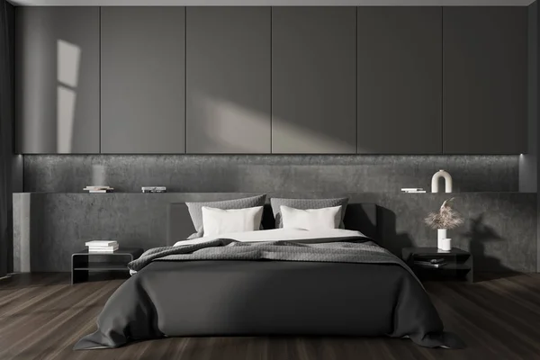 Frontansicht Auf Dunkle Schlafzimmereinrichtung Mit Bett Nachttischen Kissen Zimmerpflanze Grauer — Stockfoto