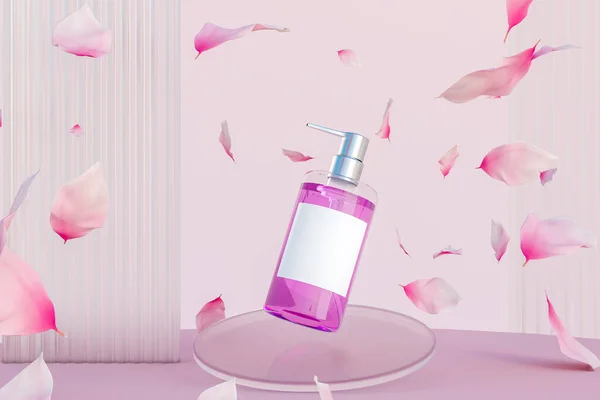 花の花びら カーテン ピンクの床で飛んで小さなピンクのフラコン 化粧品や香りの概念 製品表示用の空のラベルをモックアップします 3Dレンダリング — ストック写真