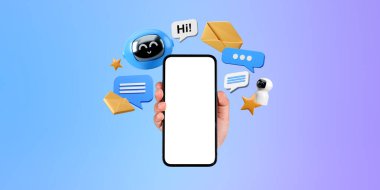 Akıllı telefonu boş ekran ile gösteren bir adam. Metin konuşma baloncukları olan robot iletişim simgeleri. Sanal asistan, yapay zeka ve mobil uygulama kavramı