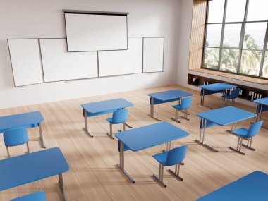 Modern sınıfın köşesinde beyaz duvarlar, ahşap zemin, sıra sıra mavi masalar ve sandalyeler ve projeksiyon ekranı ve beyaz tahta. 3d oluşturma