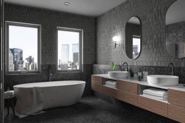 Modern konfor ve kırsal cazibeyle modern sakin ev banyosu, çarpıcı bir New York manzarası. Zarafet, konfor ve doğayı harmanlıyor. 3d oluşturma.