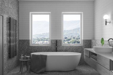 Modern konfor ve kırsal cazibeyle modern sakin ev banyosu, çarpıcı bir dağ manzarası. Zarafet, konfor ve doğayı harmanlıyor. 3d oluşturma.