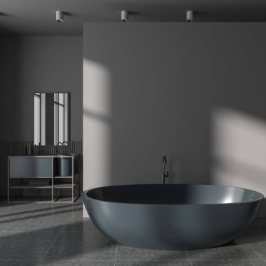 Koyu gri banyo içi küvetli ve boş fotokopi alanı bölümleriyle dolu. Minimalist metalik raf, aksesuarlar ve ayna ile lavabo. Modern dairede banyo alanı. 3B görüntüleme