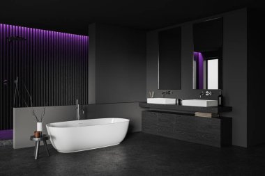 Dark home bathroom interior with bathtub, side view double sink and douche. Bathing corner with dresser, accessories and black concrete floor. 3D rendering