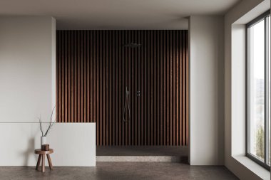 Modern banyo, beyaz ve ahşap duvarlar, beton zemin, duşta geniş yürüyüş ve uzun pencere. 3d oluşturma