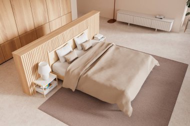 Modern yatak odası, bej ve ahşap duvarlar, beton zemin, bej kaplı rahat kral yatağı kahverengi halı ve beyaz şifonyer. 3d oluşturma