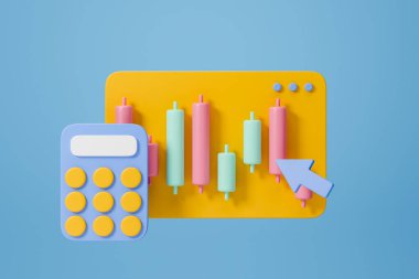 Şamdanları ve imleci olan web ekranı, mavi arkaplandaki hesap makinesini taklit et. Para yatırımı, ticaret ve borsa kavramı. 3B resimleme