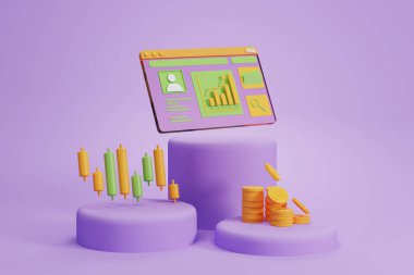 Podyum, şamdanlar, dinamikler ve mor zemin üzerine düşen altın sikkeler grafikli bir bilgisayar ekranı. Çevrimiçi ticaret, web sitesi ve yatırım kavramı. 3B resimleme