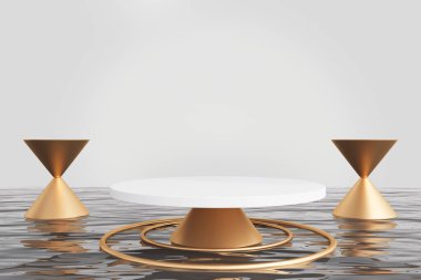 Sudaki beyaz yuvarlak silindir platformu, ürün gösterimi ve reklamları için makara, altın tezgahlar. Ürün sunumu ve lüks ürün kavramı. 3B resimleme