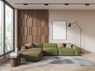 Modern oturma odasının içinde bej ve ahşap duvarlar, ahşap zemin, panoramik pencere ve cam sehpanın yanında duran rahat yeşil kanepe. Dikey maket posteri. 3d oluşturma