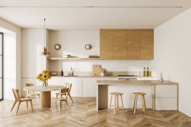 Şık bir ev mutfağı, bar adası ve ahşap zemin üzerinde yemek masası mutfak malzemeleri ve pencereli yemek pişirme alanı. Lüks dairede rahat bir yemek odası. 3B görüntüleme