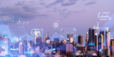 Modern şehrin Skyline 'ı, çift katmanlı ağ ve grafiklerle dijital arayüze sahip. Akıllı şehir ve küresel internet bağlantısı kavramı. Haberleşme hologramı